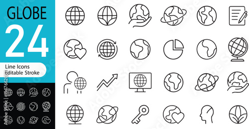 Collection of twenty four modern globe icons editable stroke for business and design