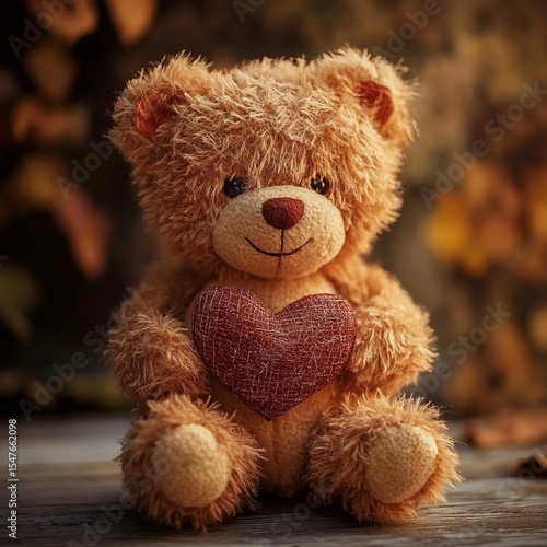 Cuddly Bear's Embrace: A charming, adorable teddy bear, tenderly clutching a heart, radiates warmth and affection. The cozy composition evokes feelings of love, companionship, and nostalgia. 
