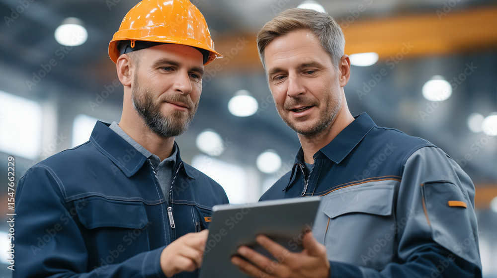 Engineers Discussing Pipeline Work in Manufacturing Factory with Tablet Engineers Discussing Pipeline Work in Manufacturing Factory with Tablet