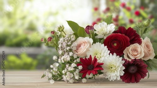 A heart-shaped arrangement of vibrant flowers, placed on a rustic wooden table, blurred garden view in the background