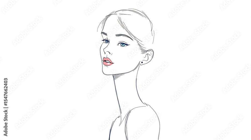 Minimalist Woman Illustration Wall Art Wallpaper Portrait Sketch with Blue Eyes and Red Lips Minimalist Woman Illustration Wall Art Wallpaper Portrait Sketch with Blue Eyes and Red Lips