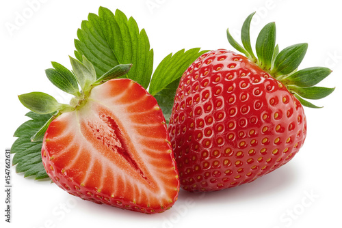Fresh ripe strawberry and cut half isolated on white background