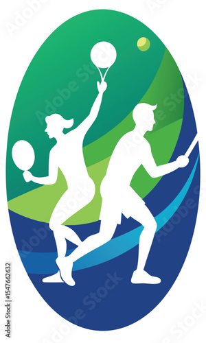 White Silhouettes of Two People Playing Pickleball on Green Blue Background