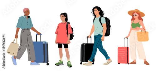 Vector illustration of diverse summer travelers with luggage, including men, women, and non-binary person in stylish casual outfits. Multicultural group walking with suitcases. Isolated on transparent