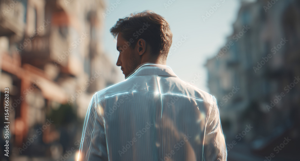 Fototapeta premium A man walks down an urban street wearing innovative clothing equipped with self-cleaning technology. The garment reacts to sunlight, promoting cleanliness and hygiene in public spaces.