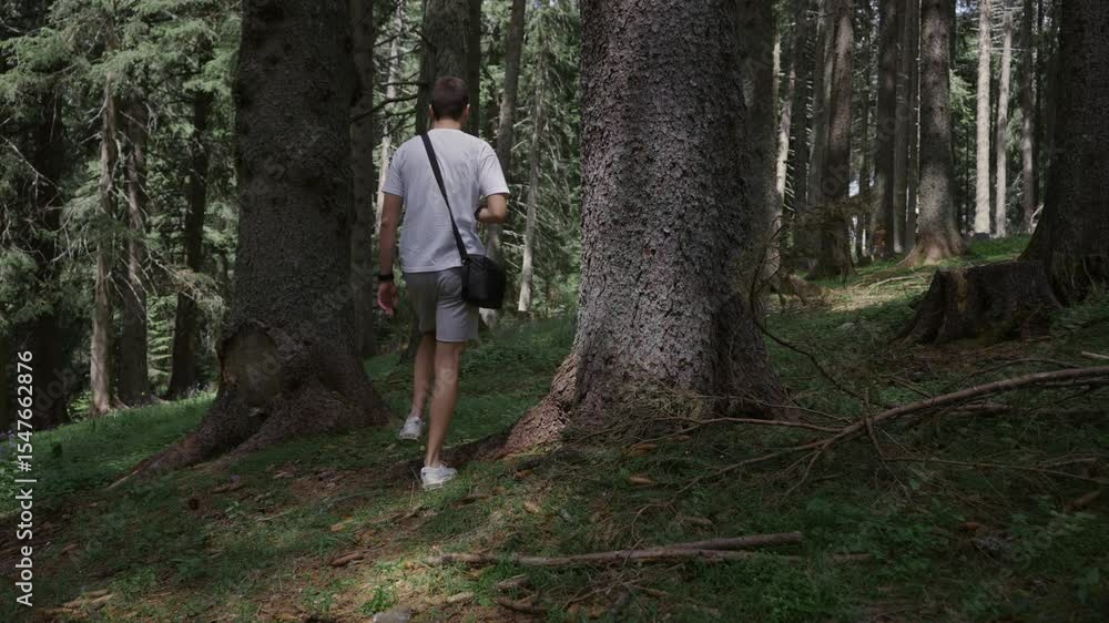 Lone hike man walking through forested mountain woodland exploring nature on a calm day Lone hike man walking through forested mountain woodland exploring nature on a calm day