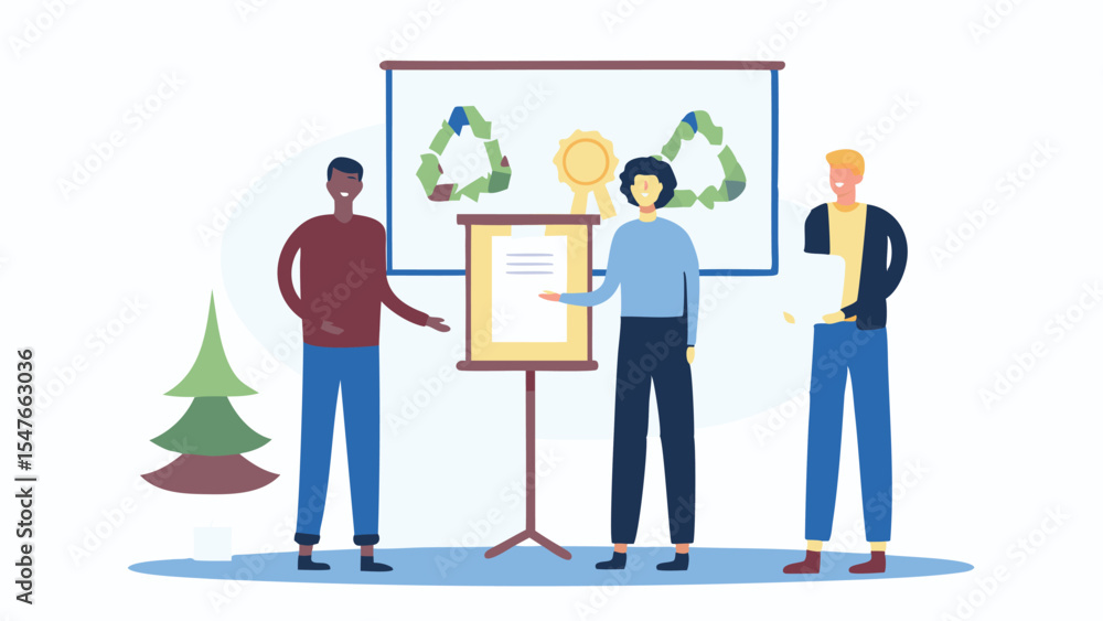 Three people standing near a presentation board with recycling symbols and a christmas tree illustration Three people standing near a presentation board with recycling symbols and a christmas tree illustration