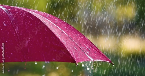 Raindrops falling on red umbrella close-up. Slow motion