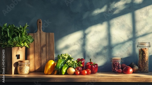 Healthy vegetables and herbs on wooden kitchen counter with sunlight and home cooking vibe