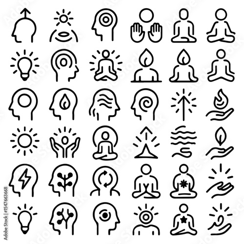 A collection of line art illustrations of mindfulness and meditation concepts. It contains various symbols and icons related to mental clarity, balance, and inner peace