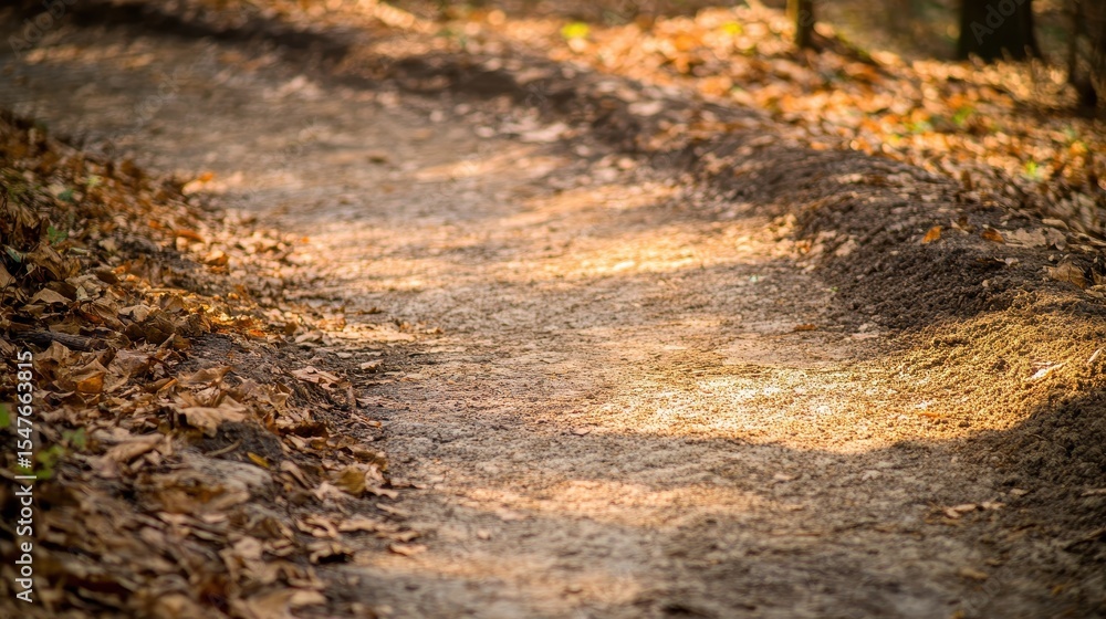 Fototapeta premium Serene Forest Pathway with Fall Leaves and Soft Sunlight Glow