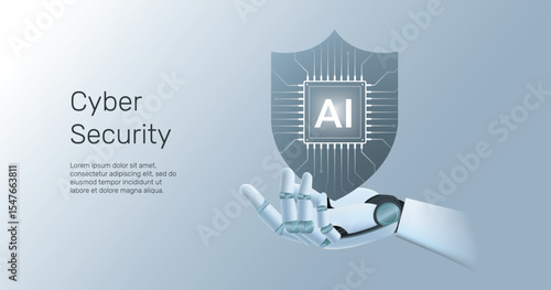 Security shield. Cyber security. Humanoid hand with AI protection shield. Cyber data protection.