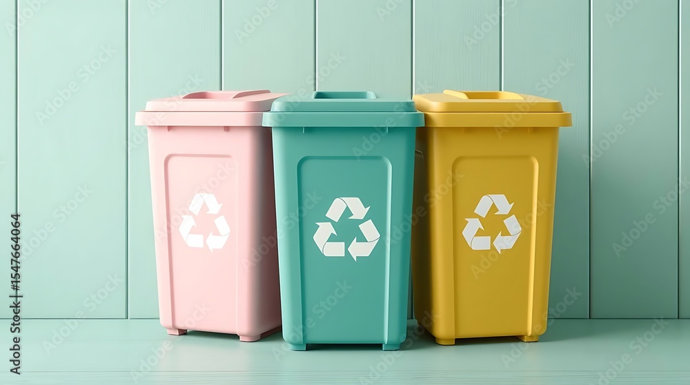 Fototapeta premium Three pastelcolored recycling bins with recycle symbols are arranged against a mint green wood panel wall