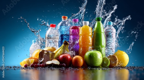 Splash of colorful beverages and fruits with water bottles on blue background for refreshing drink concept
