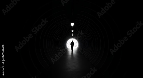 Silhouette Walking Towards Light at the End of a Dark Tunnel