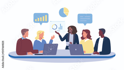 Diverse team in a business meeting with graphs and charts presented by a woman in a suit at the table