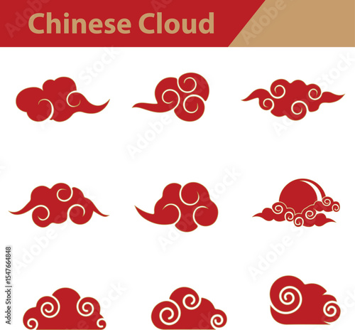 Chinese cloud icon vector set of red and white hearts