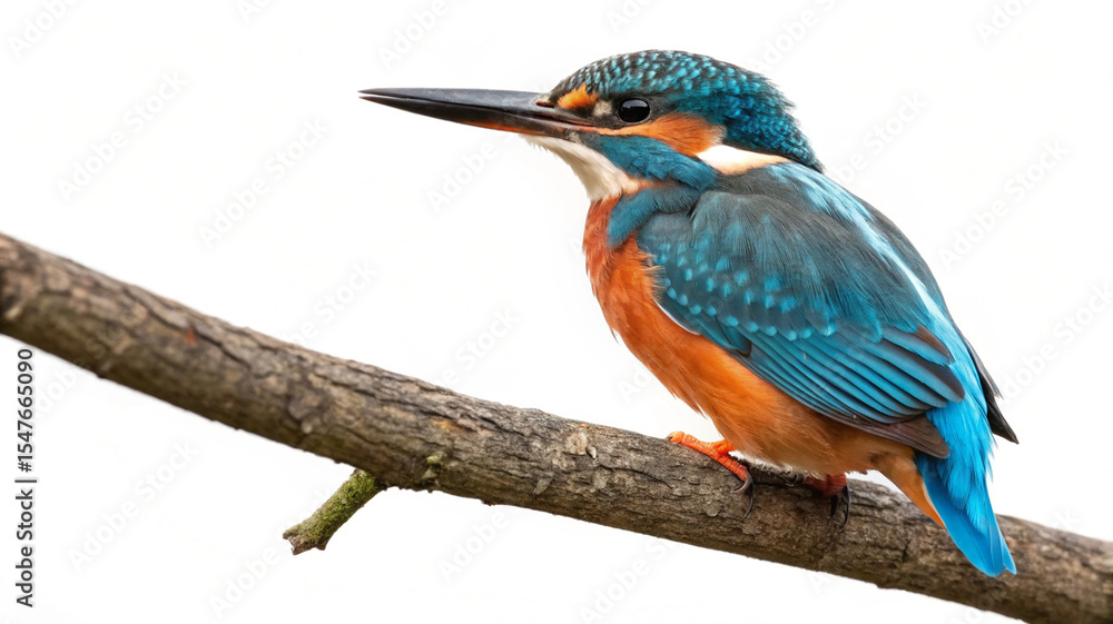 Obraz premium Vibrant Common Kingfisher perched on a branch, isolated on white background, showcasing its bright blue and orange plumage.