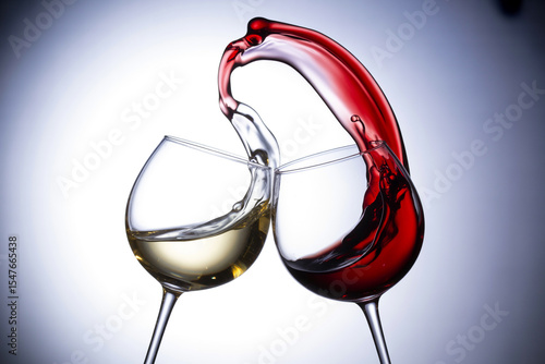 Red and white wine splashing in glasses