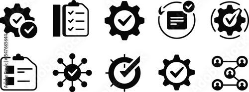  Operation and Approval Vector Icons: Task Completion, Gear Settings, System Optimization, Process Workflow, Project Management, Quality Control, Verified Functionality, Business Solutions Black Set.