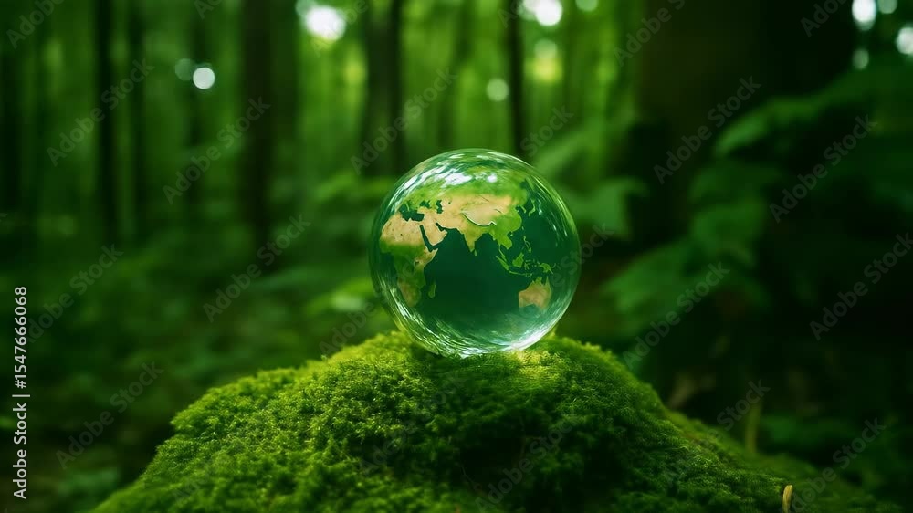 A Transparent Glass Sphere Depicting Earth Resting on Lush Green Moss in a Dense Forest, Symbolizing Environmental Awareness and Nature Conservation A Transparent Glass Sphere Depicting Earth Resting on Lush Green Moss in a Dense Forest, Symbolizing Environmental Awareness and Nature Conservation