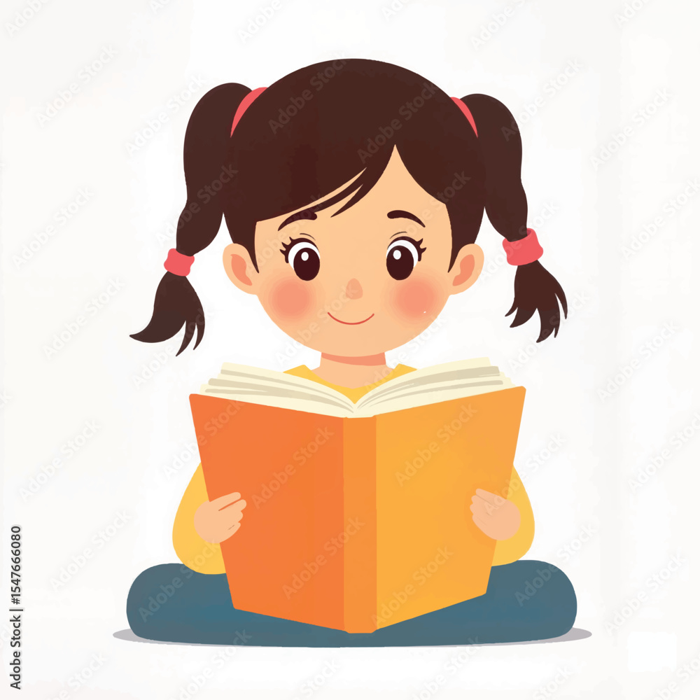 Happy girl reading book on white background, children's rights awareness Happy girl reading book on white background, children's rights awareness
