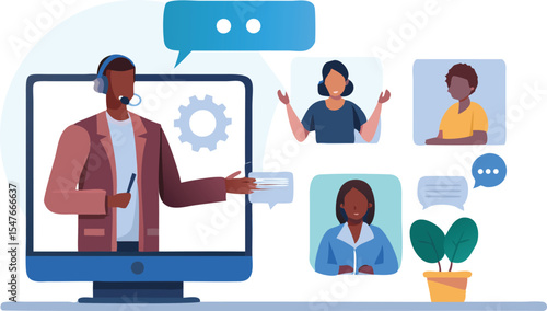 Online meeting with presenter on screen and attendees in video call interface illustration design concept
