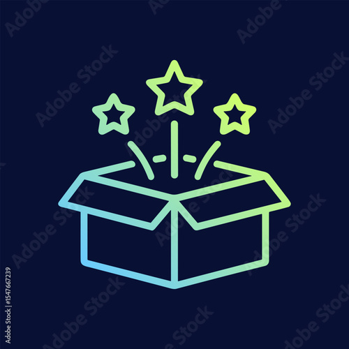 Box of wondrous stars launching upward. Icon symbol illustration