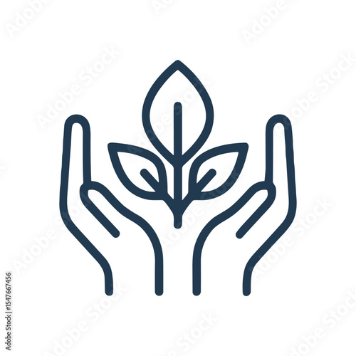 Caring hands nurturing a new plant. Icon symbol illustration