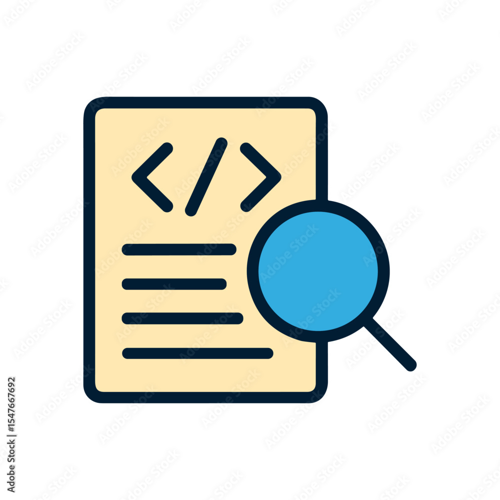 Code search tool analyses documents. Icon symbol illustration Code search tool analyses documents. Icon symbol illustration