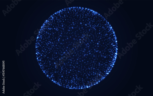 Sphere of particles. Glowing blue globe of dots on dark background. Futuristic digital circle design for tech, data or science theme. Data connection visualization. Vector Illustration.