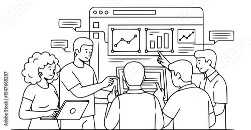 Black and white line art illustration depicting a team of diverse professionals collaborating on data analysis using laptops and digital charts