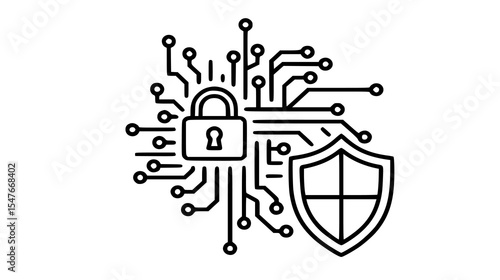 Minimalistic line art design of a padlock and shield intertwined with circuit lines, illustrating the essence of cybersecurity and data protection