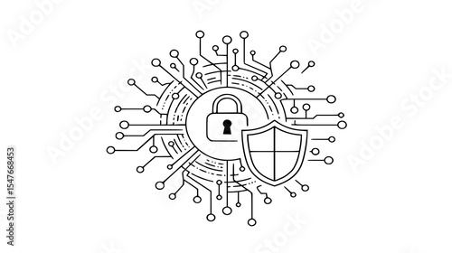 Intricate line art of a padlock and shield surrounded by circuit patterns, representing the synergy of cybersecurity and digital data protection