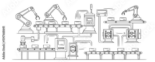 Detailed Line Art of a Modern Automated Manufacturing System Featuring Robotic Arms, Conveyors, and Processing Equipment for Efficiency