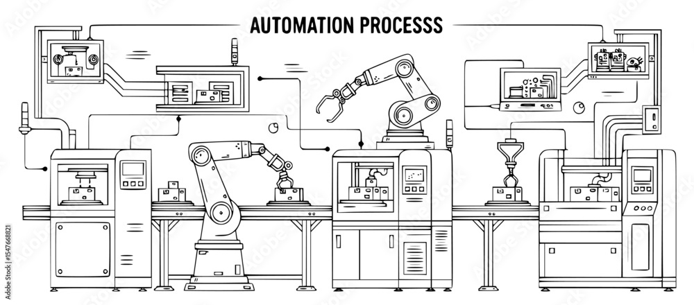 Obraz premium Automation Process Diagram: Detailed Illustration of Robotics and Machinery in a Streamlined Production Environment for Enhanced Efficiency