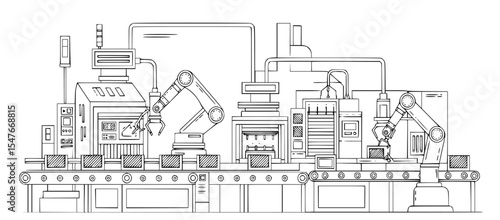 Illustration of an Automated Manufacturing Line: Showcasing Robotics and Conveyor Systems for Enhanced Efficiency in Modern Production Environments