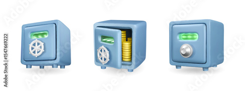 3d safe vault icon vector illustration. Opened and closed bank safe set, isolated on white background.