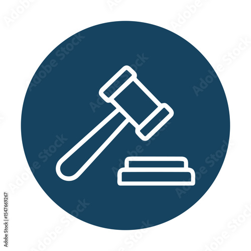 Gavel striking block in blue circle. Icon symbol illustration
