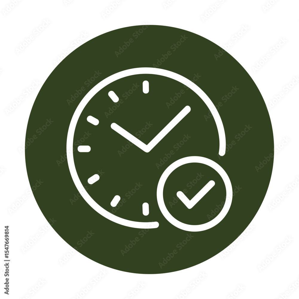 Green circle with white clock and check. Icon symbol illustration Green circle with white clock and check. Icon symbol illustration