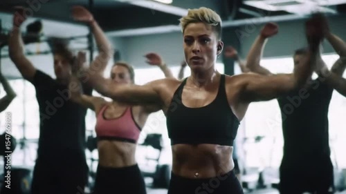 Gym, group of people in class for muscle building endurance, strong body and balance power in fitness. Commitment, men and woman with personal trainer for workout, motivation and exercise challenge.