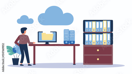 Illustration of a man standing near a desk with computer files and a cabinet with file binders