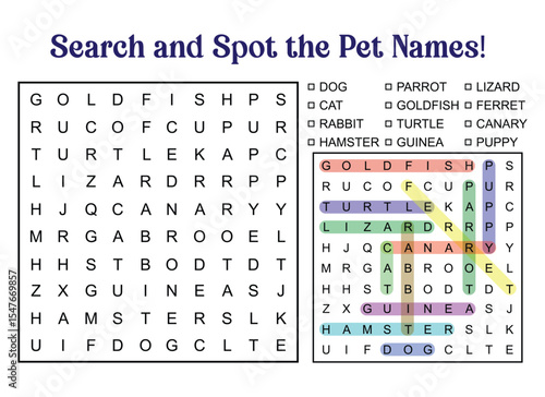 Pet Names Word Search Puzzle for Kids Educational Activity
