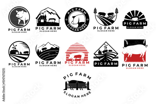 Set of Pig farm logo design vector. Farm pig vintage logo design collections