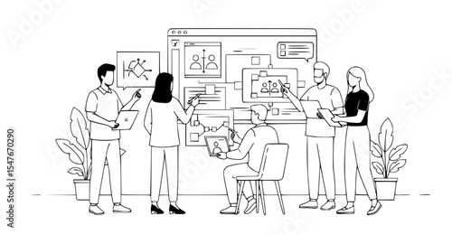 Team of designers collaborating on website wireframe design in office