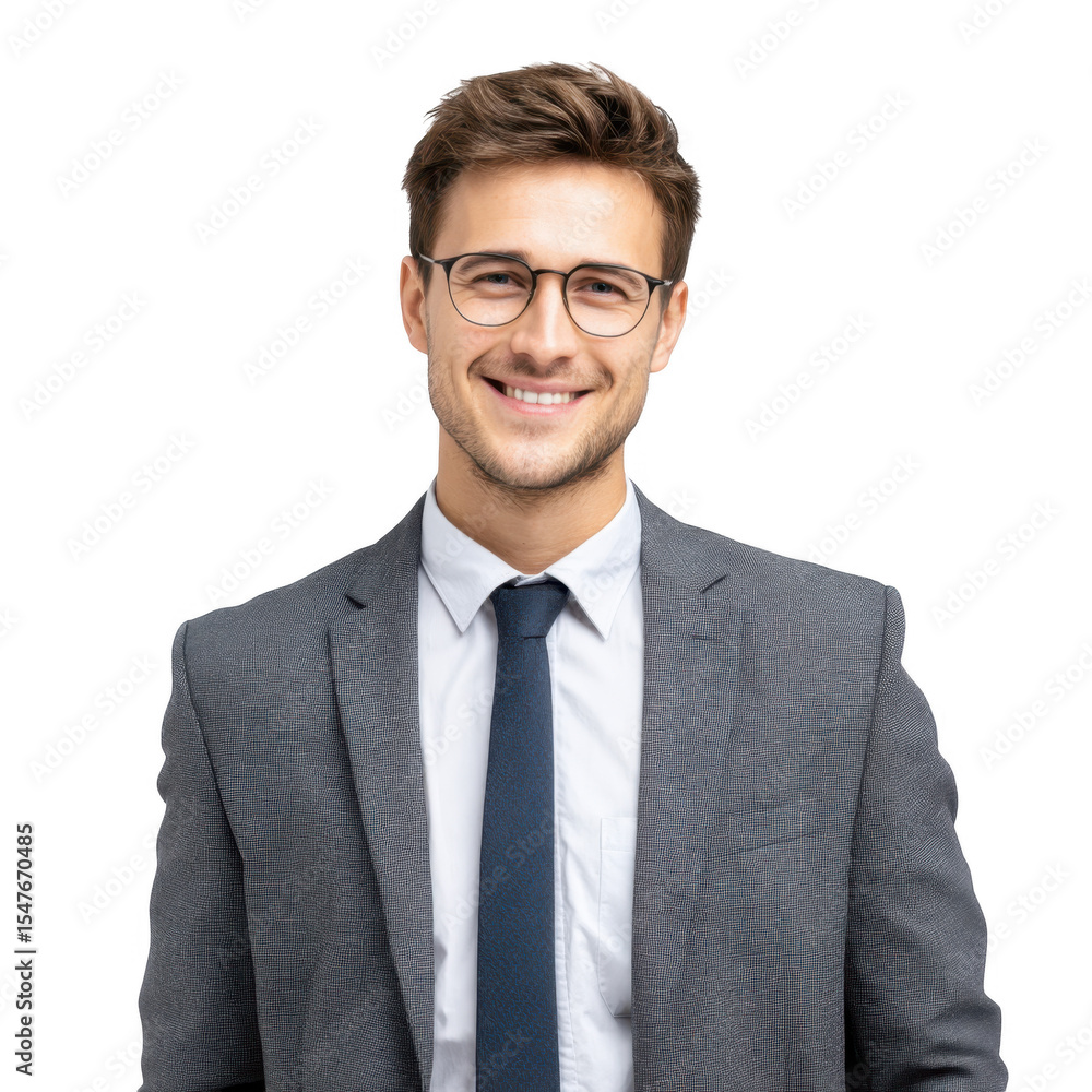 A confident young professional in a tailored suit and glasses smiles warmly at the camera. embodying success and approachability in a clean. studio background A confident young professional in a tailored suit and glasses smiles warmly at the camera. embodying success and approachability in a clean. studio background