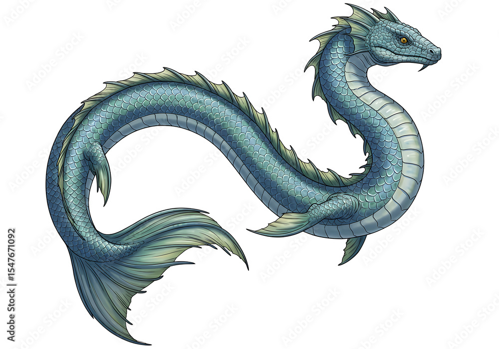 Fototapeta premium An illustration of a scaled blue sea serpent with a sinuous body fins and yellow eyes on a black background