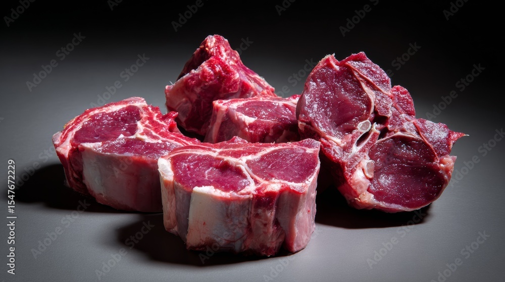 Obraz premium Raw meat steaks cut on dark board surface for butcher product branding photography red protein beef uncooked fresh