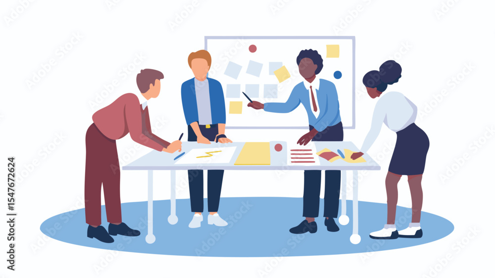 Group of diverse professionals collaborating around a table with whiteboard in the background shown Group of diverse professionals collaborating around a table with whiteboard in the background shown