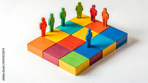 Colorful wooden blocks arranged in a square with wooden figures standing on top of the blocks